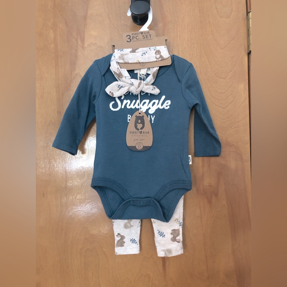 Rabbit + Bear 3 pc set with matching headband organic cotton